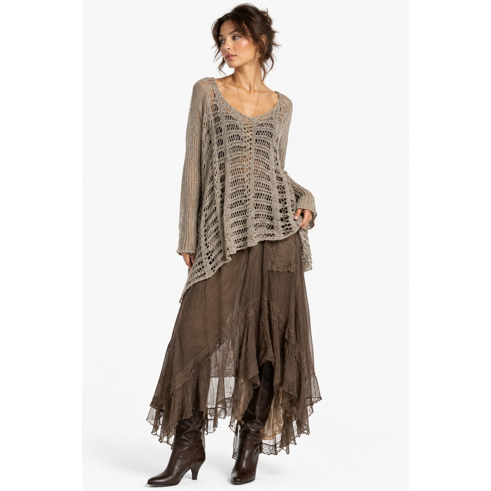 Open Knit Tunic Sweater Taupe Oversized Lagenlook Boho Crochet Pointelle Artsy